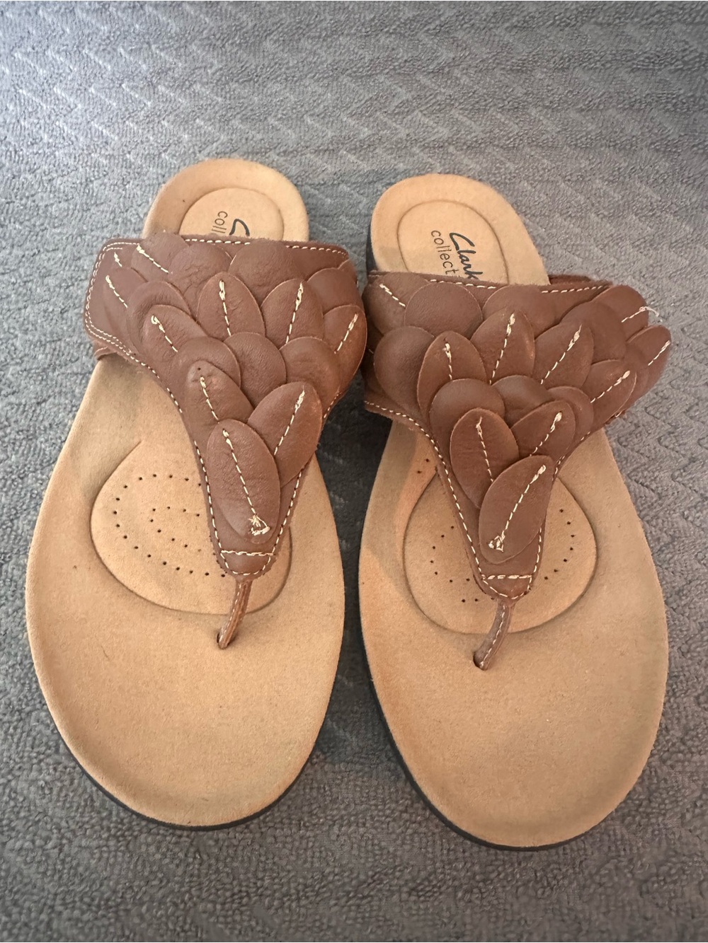 Clarks Brown Leather Floral-Style Thong Sandals